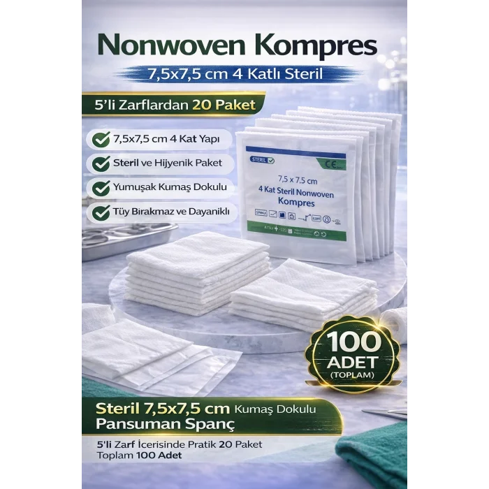 BUĞZ Nonwoven Kompres 7,5x7,5 cm 4 Katlı Steril 100 Adet (5’li Zarflardan 20 Paket) Pansuman Spanç 1 KUTU