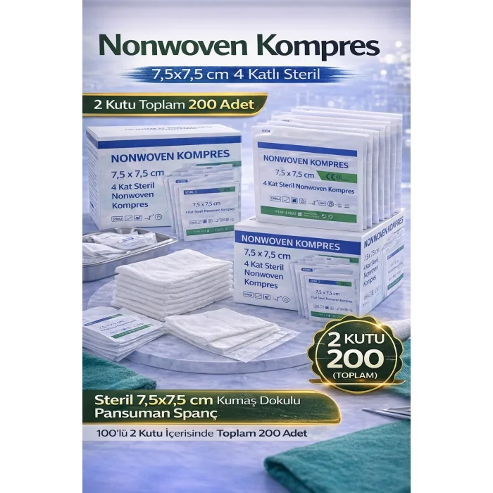 BUĞZ Nonwoven Kompres 7,5x7,5 cm 4 Katlı Steril 100 ADET Kumaş Dokulu Pansuman Spanç 2 KUTU