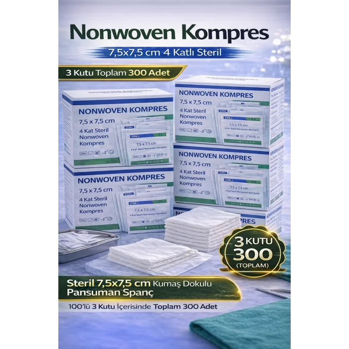 BUĞZ Nonwoven Kompres 7,5x7,5 cm 4 Katlı Steril 100 ADET Kumaş Dokulu Pansuman Spanç 3 KUTU