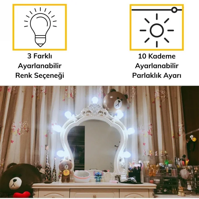 BUĞZ Nostalji Hollywood Tarzı 10lu Makyaj Masası Aynası Beyaz Led Işıklı Lamba USB