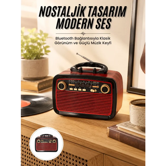 BUĞZ Nostalji Radyo Bluetooth Hoparlör USB-SD Kart Giriş Led Fener Işıklı Bataryalı Pilli Yeni Nesil