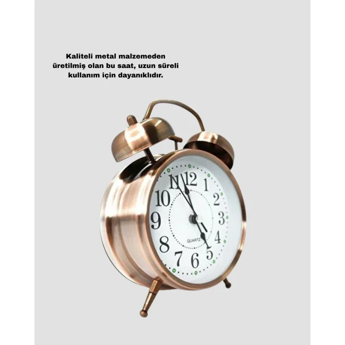 BUĞZ Nostaljik Büyük Boy Metal Masa Saati Bronz Kaplama ve Yüksek Sesli Alarm