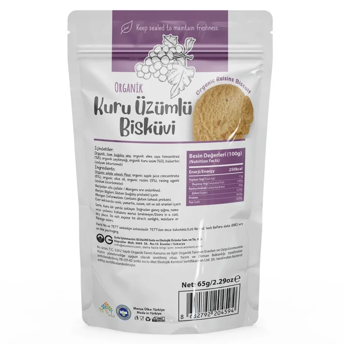 BUĞZ OG Natural Organik Üzümlü Bisküvi (65 gr)