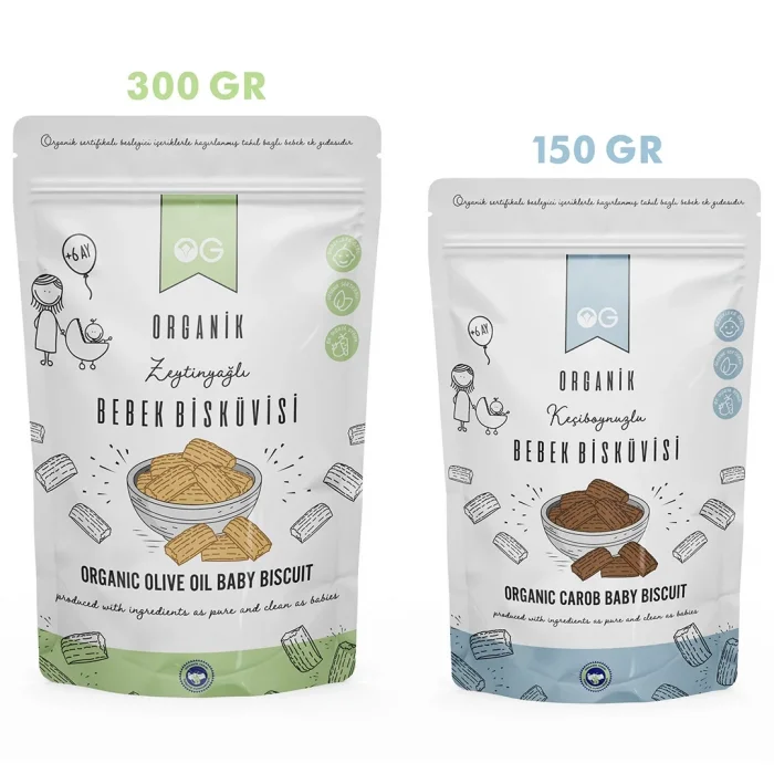 BUĞZ OG Natural Organik Zeytinyağlı Bebek Bisküvi (300 gr) ve Organik Keçiboynuzlu Bebek Bisküvisi (150 gr) +6 Ay 2li Set