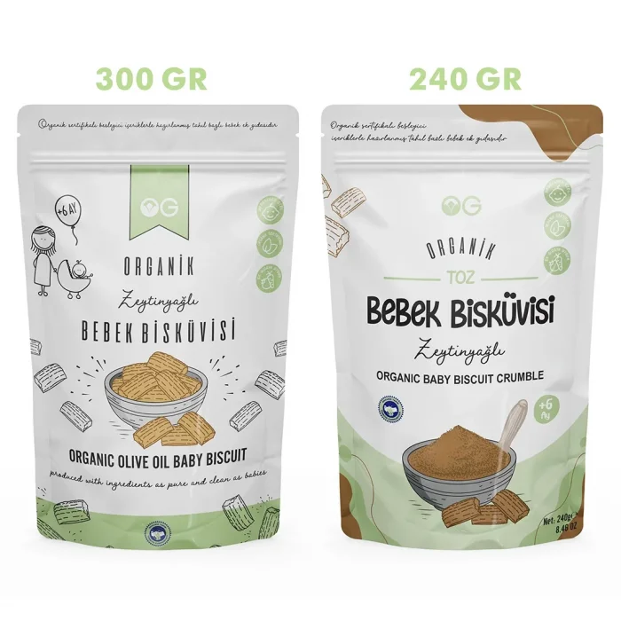 BUĞZ OG Natural Organik Zeytinyağlı Bisküvi (300 gr) ve Organik Toz Zeytinyağlı Bebek Bisküvisi (240 gr) 2li set