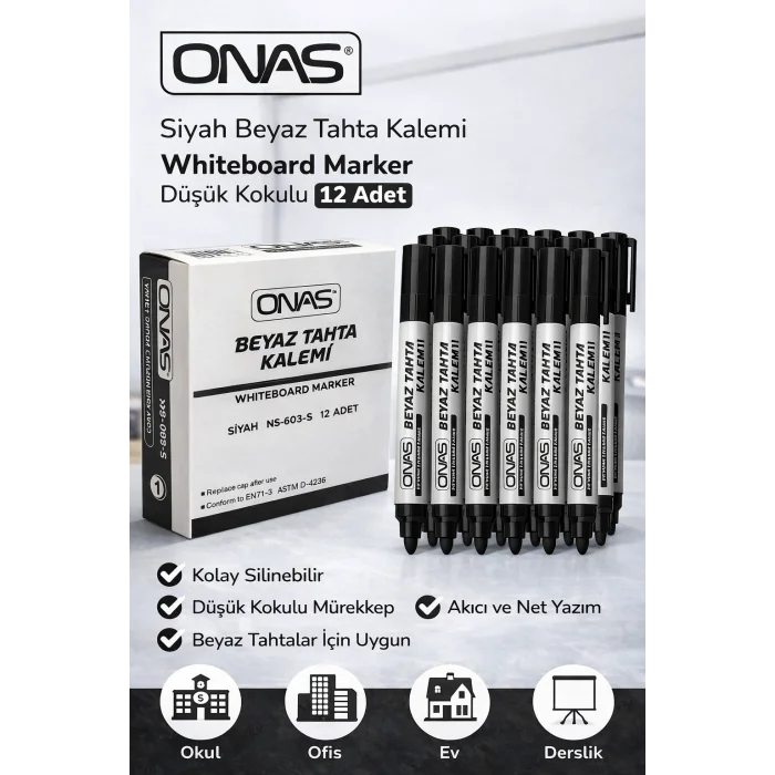 BUĞZ Onas Siyah Beyaz Tahta Kalemi Whiteboard Marker Düşük Kokulu 12 Adet Kutu