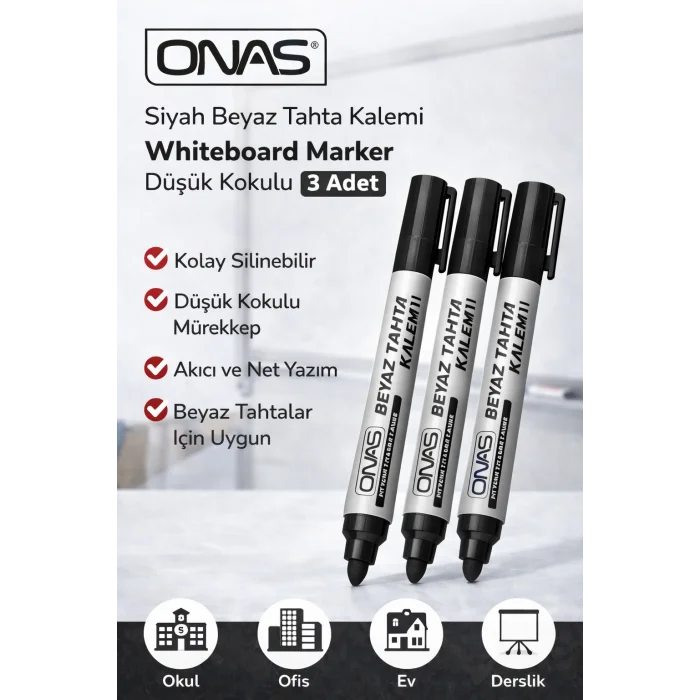 BUĞZ Onas Siyah Beyaz Tahta Kalemi Whiteboard Marker Düşük Kokulu 3 Adet