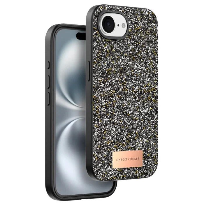 BUĞZ Onegif  İphone 16e Bright Simli Kapak - Gümüş