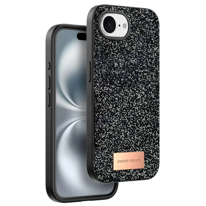 BUĞZ Onegif  İphone 16e Bright Simli Kapak - Siyah