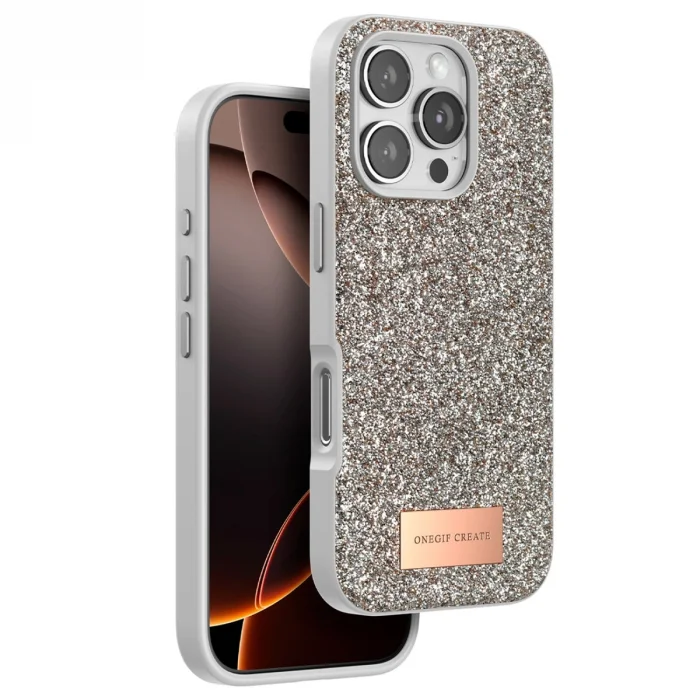 BUĞZ Onegif  İphone 16 Pro Bright Simli Kapak - Çöl Titanyum