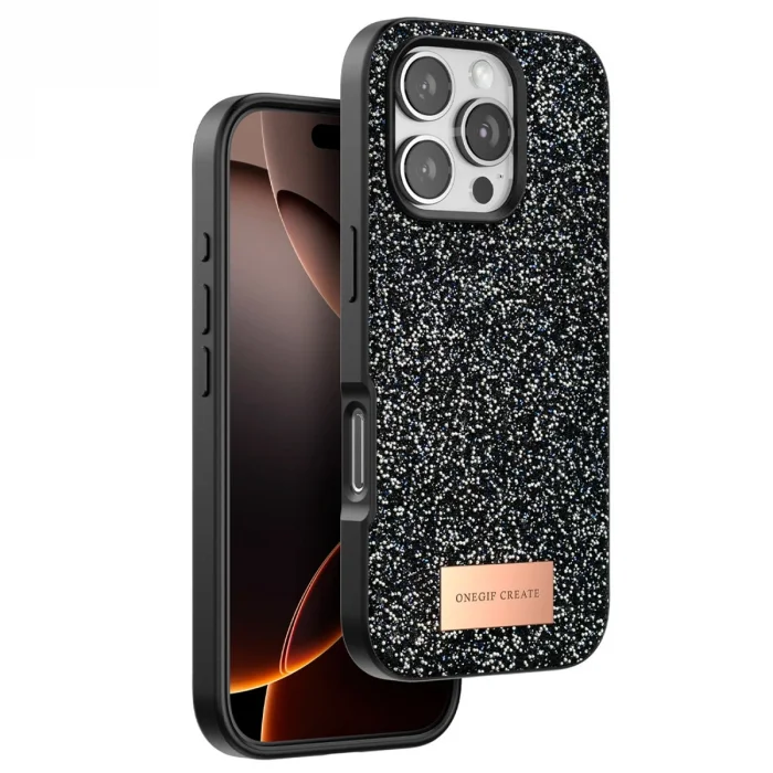 BUĞZ Onegif  İphone 16 Pro Bright Simli Kapak - Siyah