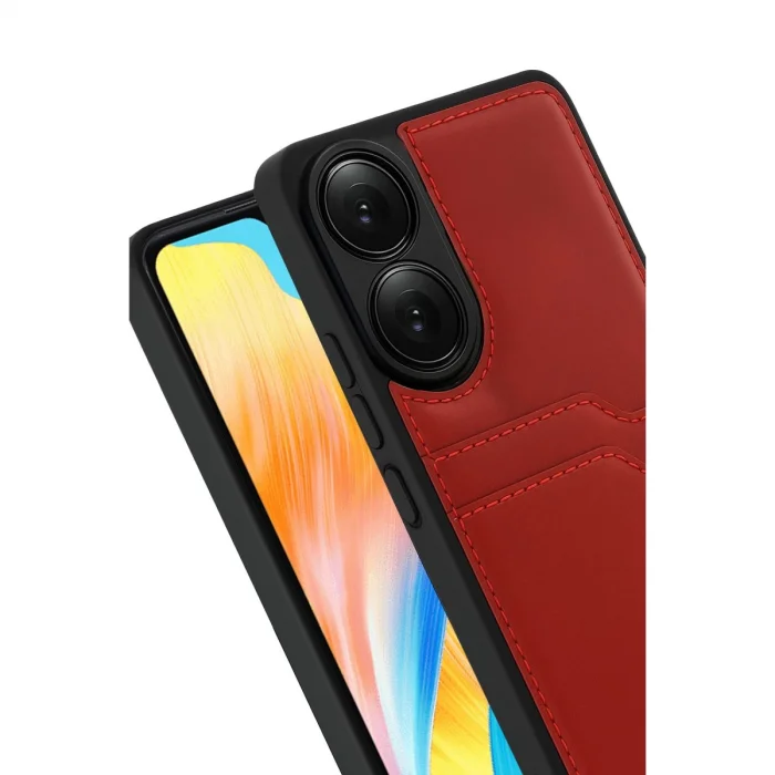 BUĞZ Oppo A38 Sara Kartvizitli Deri Kılıf - Kırmızı