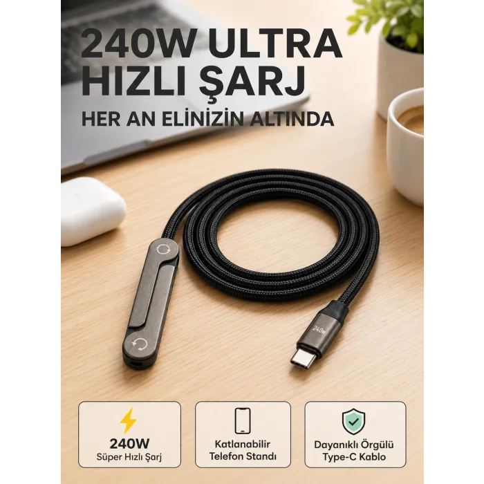 BUĞZ Örgülü 240W Type-C Katlanabilir Telefon Standlı Şarj Kablosu