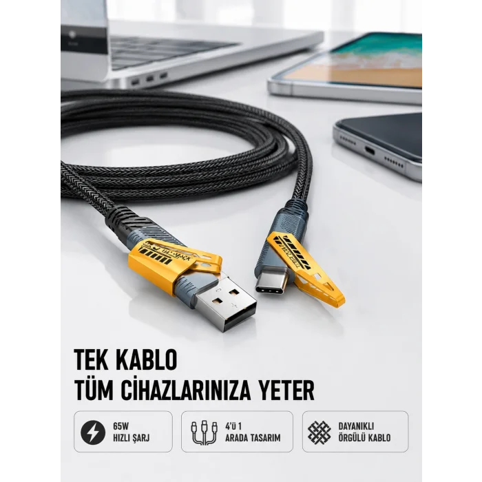 BUĞZ Örgülü Tasarım 4’ü 1 Arada USB-C Lightning Hızlı Şarj Kablosu