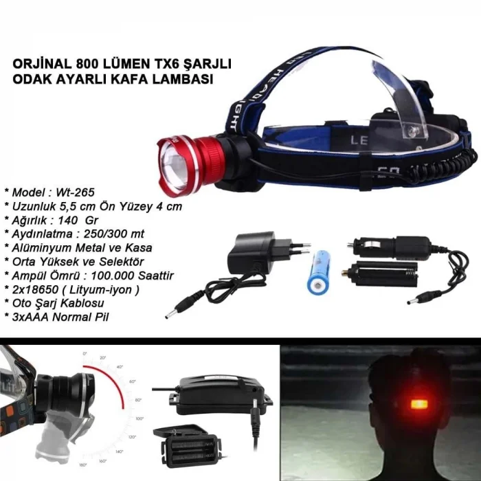 BUĞZ Orjinal 800 Lümen T6 Şarjlı Kafa Feneri Wt-265