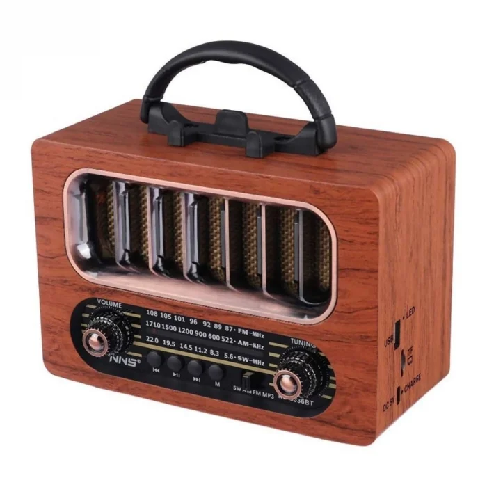 BUĞZ Orta Boy Retro Ahşap Tasarım Bluetooth Hoparlörlü Radyo – FM/AM Destekli, Şarjlı ve Taşınabiliri Radyo NS-6636