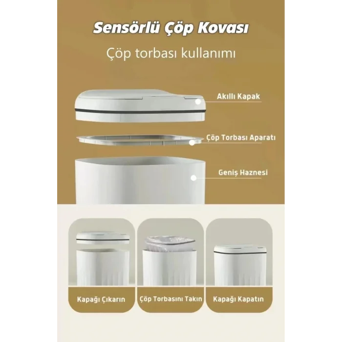  Otomatik Hareket Sensörlü Akıllı Çöp Kovası – 20 Litre Sessiz ve Hijyenik Kullanım