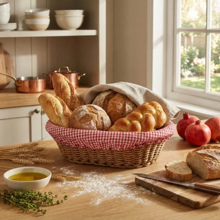 BUĞZ Oval Renkli Bezli İp Hasır Ekmek Sepeti