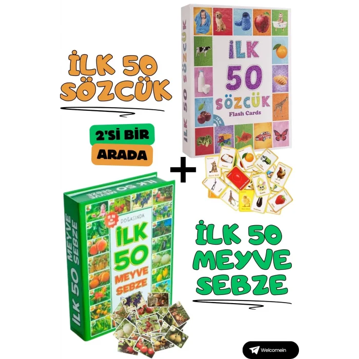  Oyuncak Minik Bebeğimin İlk 50 Sözcük Kartları ve İlk 50 Meyve Sebze Kartları Flash Kart Set 2li