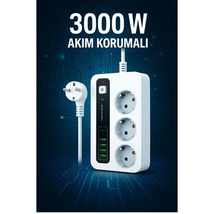 BUĞZ P10 3x Priz 3000w Akım Korumalı 4x Usb 2x Type-c Girişli Çoklu Priz
