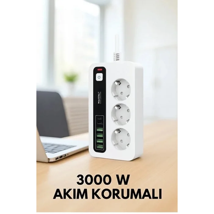 BUĞZ P10 3x Priz 3000w Akım Korumalı 4x Usb 2x Type-c Girişli Çoklu Priz