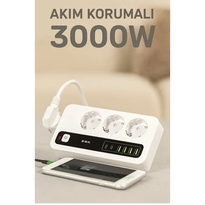 BUĞZ P10 3x Priz 3000w Akım Korumalı 4x Usb 2x Type-c Girişli Çoklu Priz