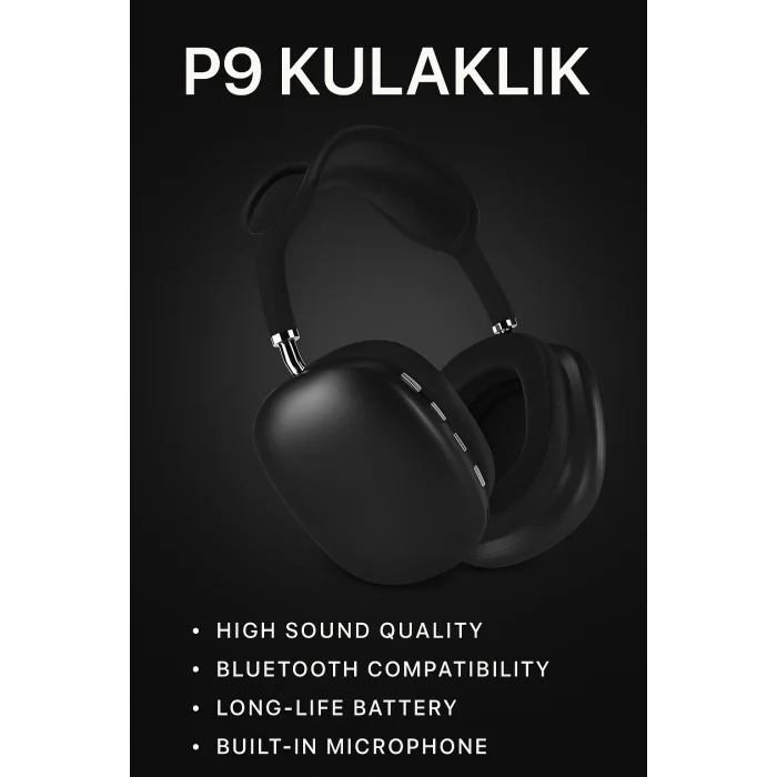  P9 Bluetooth 5.0 Kablosuz Siyah Kulaklık Mikrofonlu Uzun Pil Yüksek Bass ANC