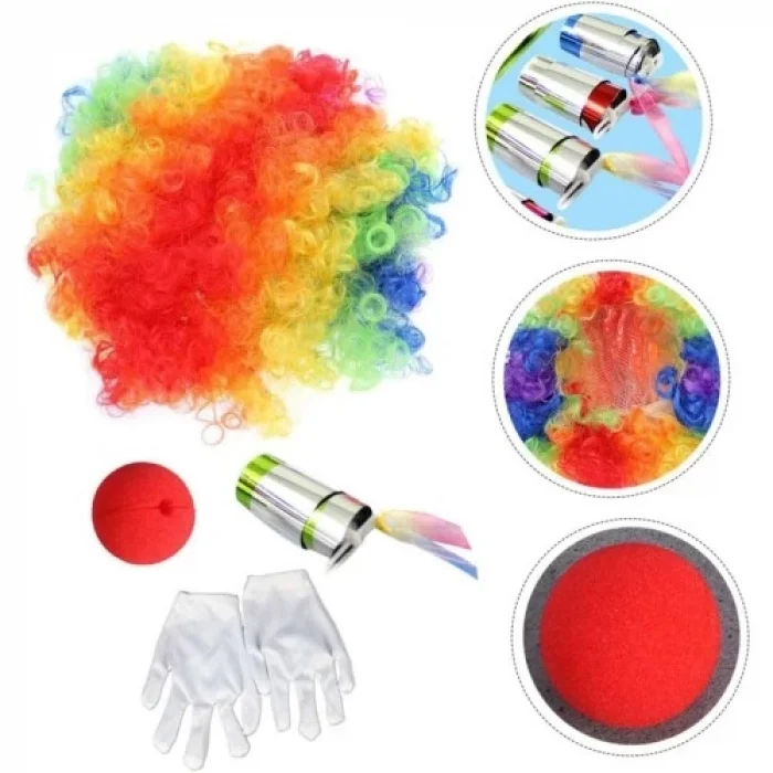 BUĞZ Palyaço Saç, Burun, Eldiven, Baston Seti 4lü