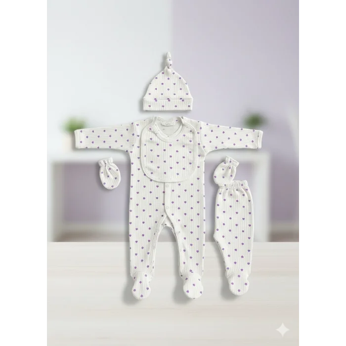 BUĞZ Pamuklu Mor Kalpli 5’li Yenidoğan Hastane Çıkışı Seti | Organik Kız Bebek Zıbın Takımı