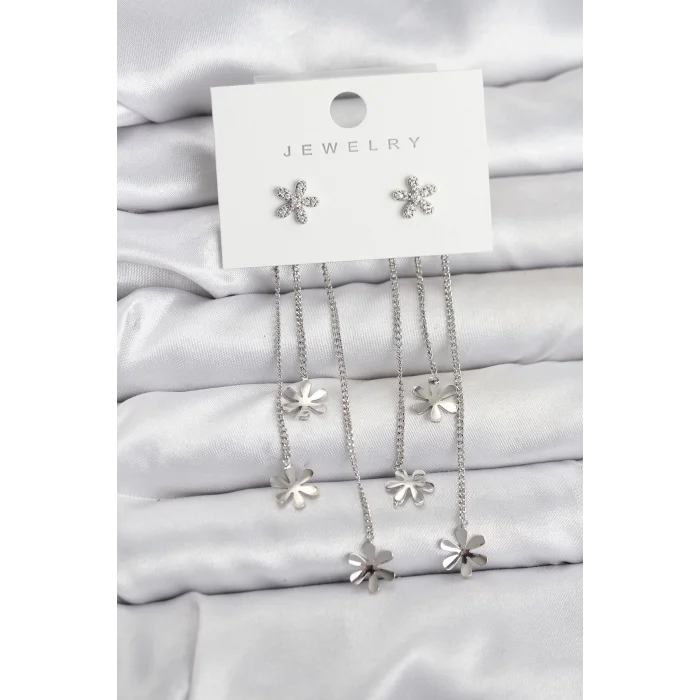 BUĞZ Papatya Model Gümüş Renk Pirinç Sallantılı Kadın Küpe