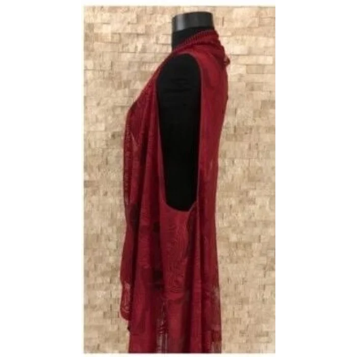 BUĞZ Pareo Dantel Yelek Mayo Bikini Üzeri Yaprak Desenli Püsküllü Plaj Elbisesi - Bordo