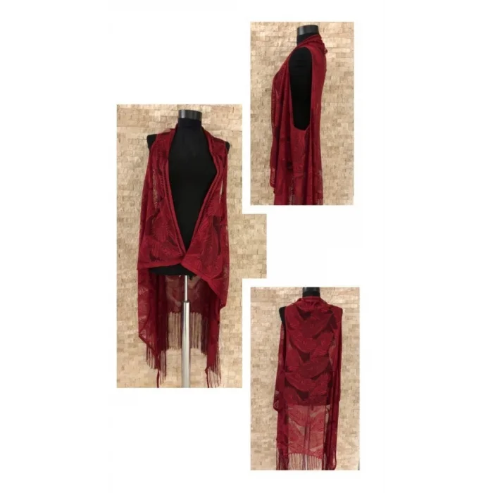 BUĞZ Pareo Dantel Yelek Mayo Bikini Üzeri Yaprak Desenli Püsküllü Plaj Elbisesi - Bordo