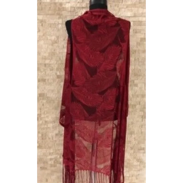 BUĞZ Pareo Dantel Yelek Mayo Bikini Üzeri Yaprak Desenli Püsküllü Plaj Elbisesi - Bordo