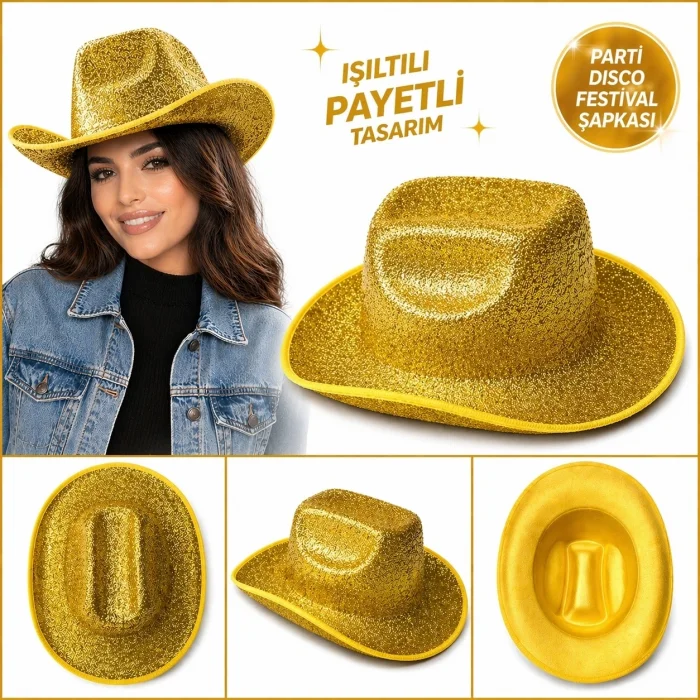 BUĞZ Parlak Altın Gold Kovboy Şapka Kadın Erkek Parti Disco Festival Şapkası