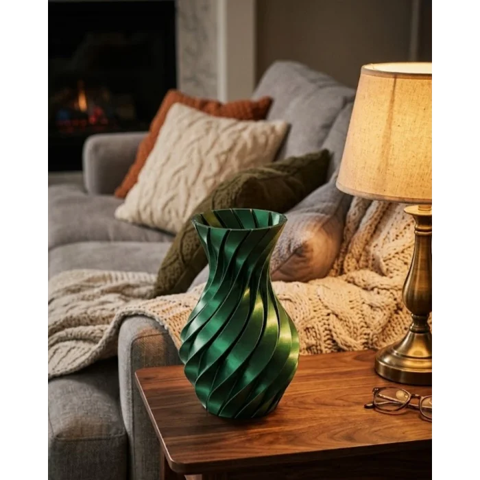 BUĞZ Parlak Yeşil Spiral 3D Baskı Vazo Şık Modern Dekoratif Obje