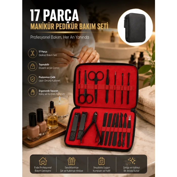 BUĞZ Paslanmaz Çelik 17 Parça Manikür Pedikür Seti ve Taşınabilir Şık Çanta