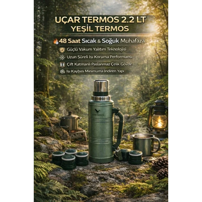 BUĞZ Paslanmaz çelik 2.2 litre 48 saat yalıtımlı yeşil çay termosu kutusuz - Spor & Outdoor