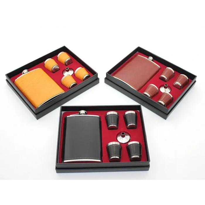 BUĞZ Paslanmaz Çelik 4 Shot Bardaklı Derili Matara Seti Model 1