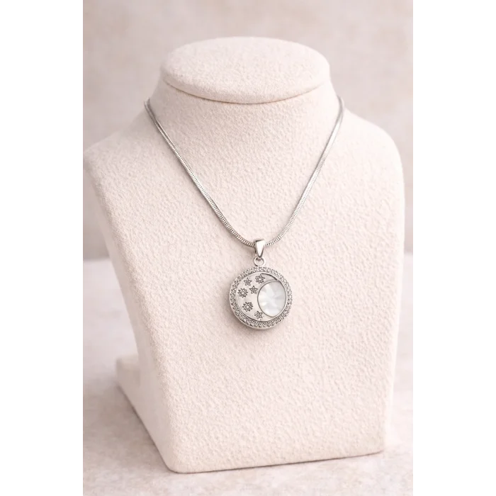 BUĞZ Paslanmaz Çelik Ay Yıldız Kolye MODEL 6  – Sedef Görünümlü Zirkon Taşlı Zarif Tasarım | Kararmaz Kadın Kolyesi