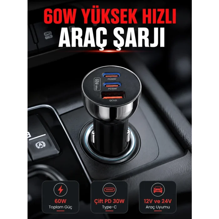 BUĞZ PD 30W Çift USB-C Araç Şarj Cihazı 60W Hızlı Şarj Adaptörü