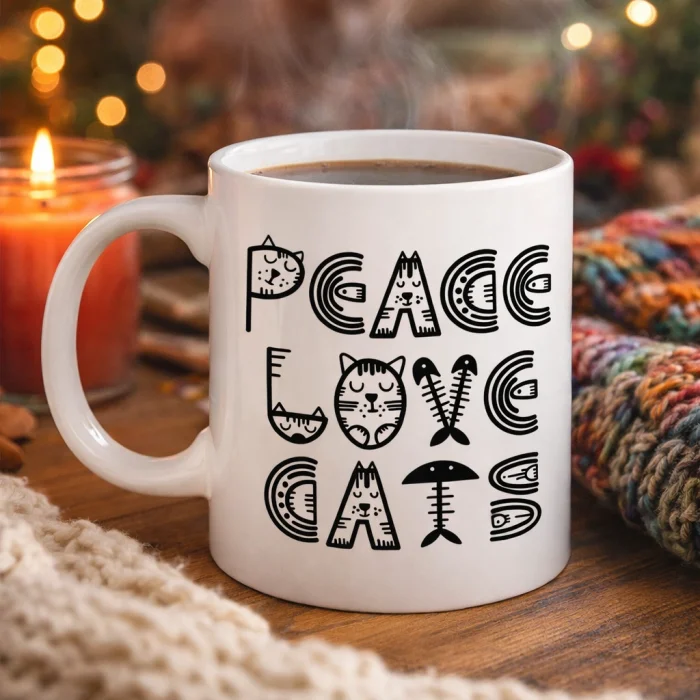 BUĞZ Peace Love Cats – Sevimli Kedi Desenli Porselen Kupa MODEL 60 Kahve & Çay Kupası