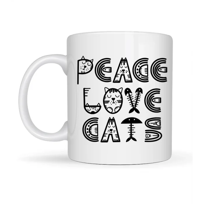 BUĞZ Peace Love Cats – Sevimli Kedi Desenli Porselen Kupa MODEL 60 Kahve & Çay Kupası
