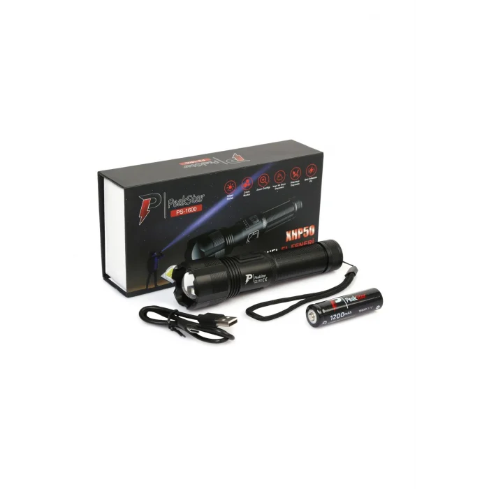 BUĞZ PeakStar Ps-1600 Süper Parlak Led Zoomlu 5 Mod Su Geçirmez Profesyonel Kamp Bekçi Avcı Feneri