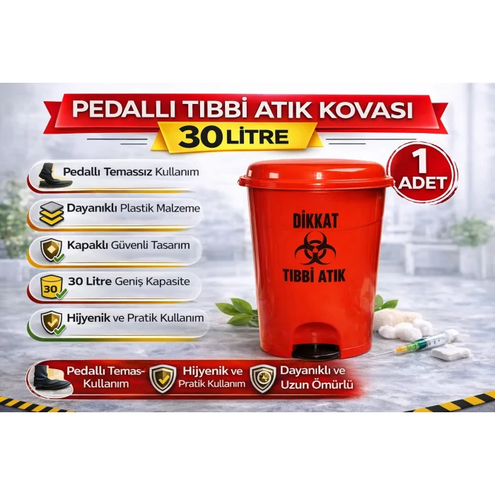 BUĞZ Pedallı Tıbbi Atık Kovası 30 Litre 1 Adet Kapaklı Pedallı Enfekte Atık Kovası