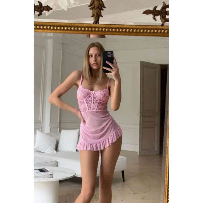 BUĞZ Pembe Balenli Tül Dantelli Gecelik TM1406