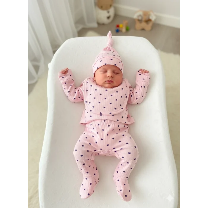 BUĞZ Pembe Desenli Nakışlı Kız Bebek 5li Hastane Çıkışı Seti - %100 Pamuk Yenidoğan Zıbın Takımı