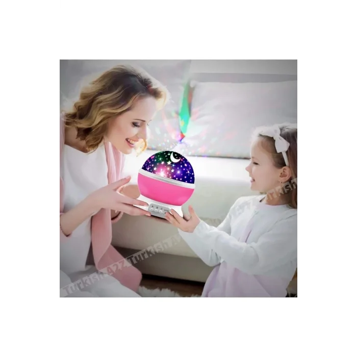 BUĞZ Pembe Dönen Renkli Ay Yıldızlı Gökyüzü Yansıtmalı Projeksiyon Gece Lambası Çocuk Bebek Parti Odası