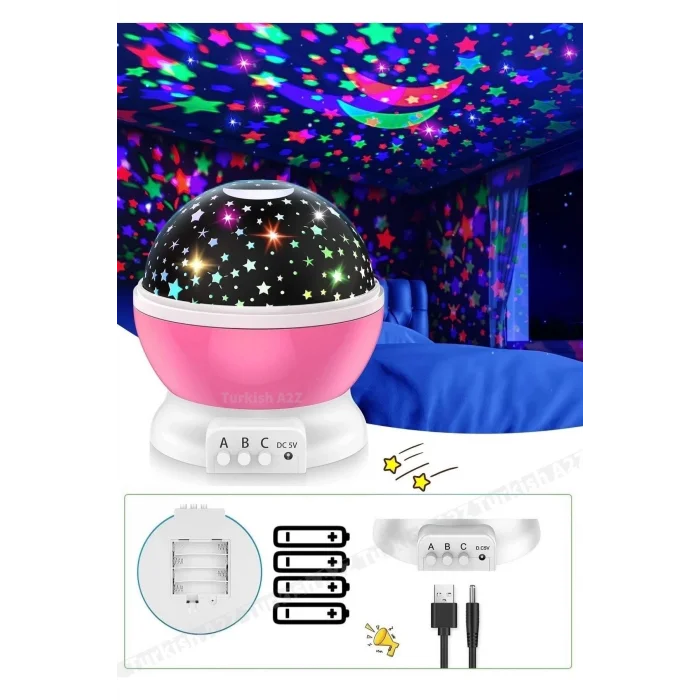 BUĞZ Pembe Dönen Renkli Ay Yıldızlı Gökyüzü Yansıtmalı Projeksiyon Gece Lambası Çocuk Bebek Parti Odası