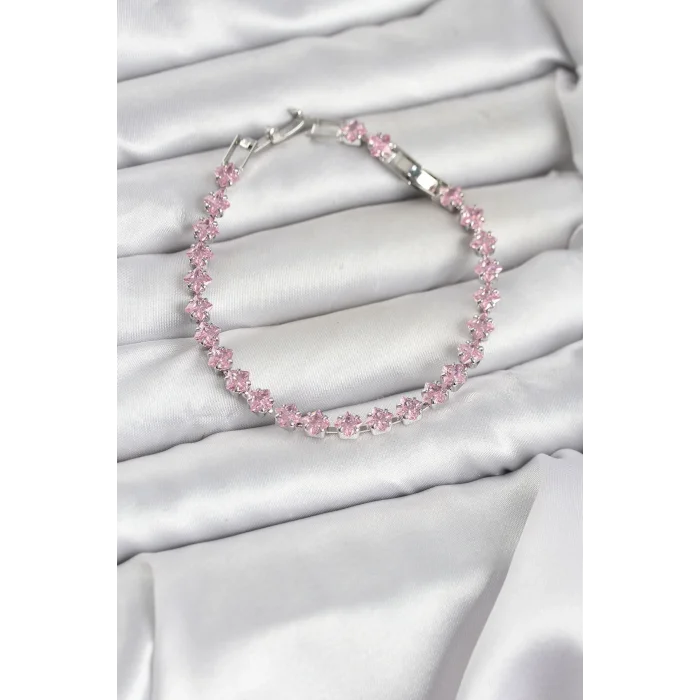 BUĞZ Pembe Kare Zirkon Taşlı Gümüş Renk Pirinç Su Yolu Kadın Bileklik