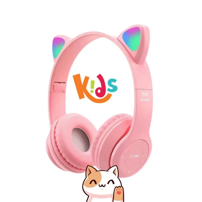 BUĞZ Pembe kulak üstü Bluetooth 5.0 kablosuz kulaklık led ışıklı çocuk tasarımı 1 yıl garantili